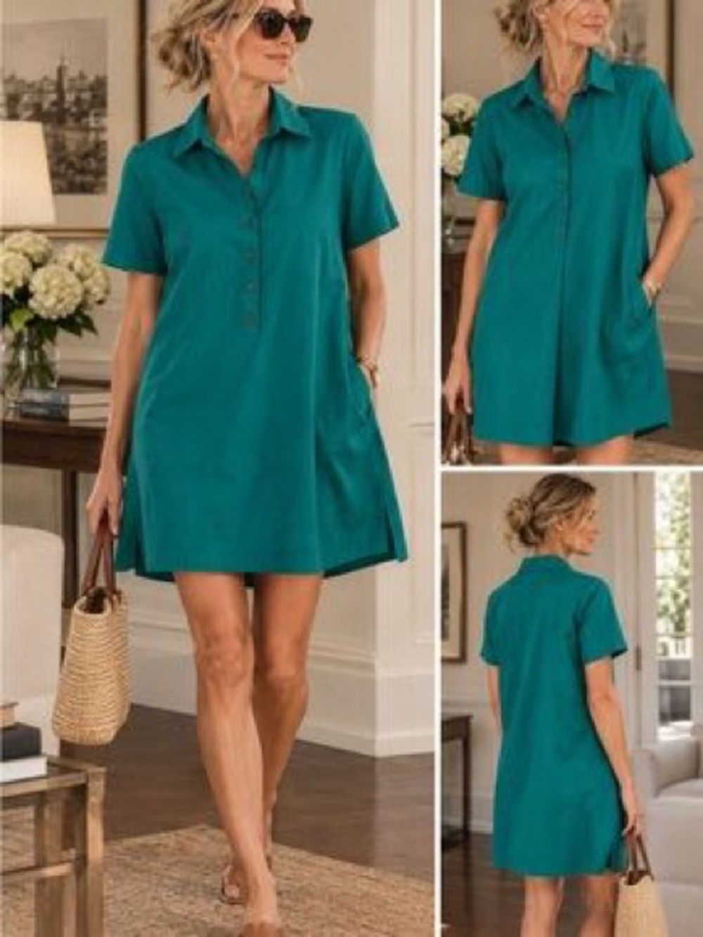 Green Pollie Short-Sleeve Swing Tunic Mini Dress by Anthropologie